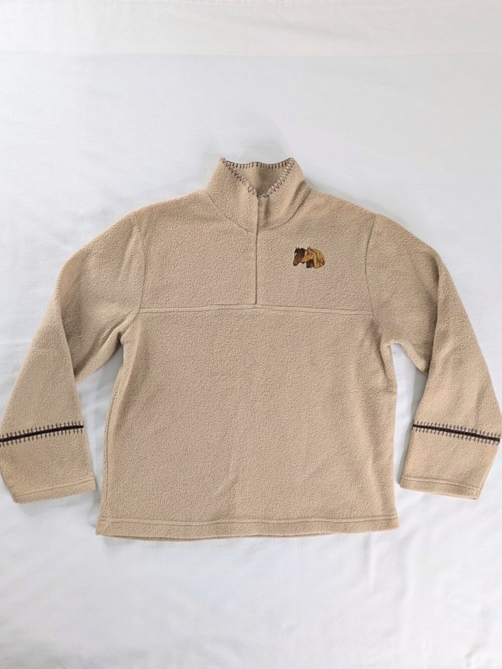 VTG Tan Fleece Quarter Zip Equestrian Embroidered Horses Pullover Jacket Sweater